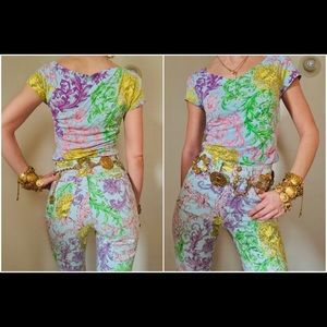 🍬🍭 1992 Rare Gianni Versace Pastel Medusa Zeus Print SET Jeans+Top